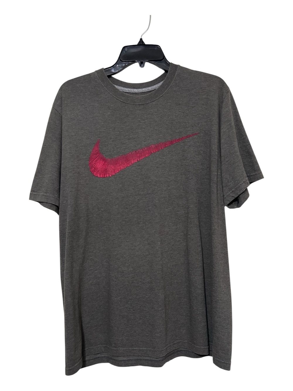 Nike Mens Size XL Regular Fit Grey Heather T-Shirt Pink Brushstroke Swoosh Tee